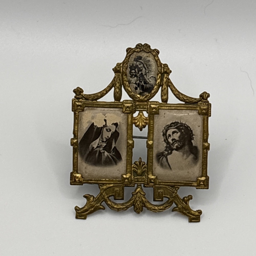 Antique German Gilt Brass Miniature Devotional Alter Frame 2.5"